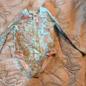 Floral Long Sleeve Girls One-Piece Swimsuit - Mint & Pink